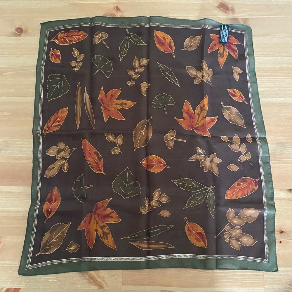 Vintage Brown Green Fall Leaf Print Square Polyester Scarf Small - Picture 2 of 12